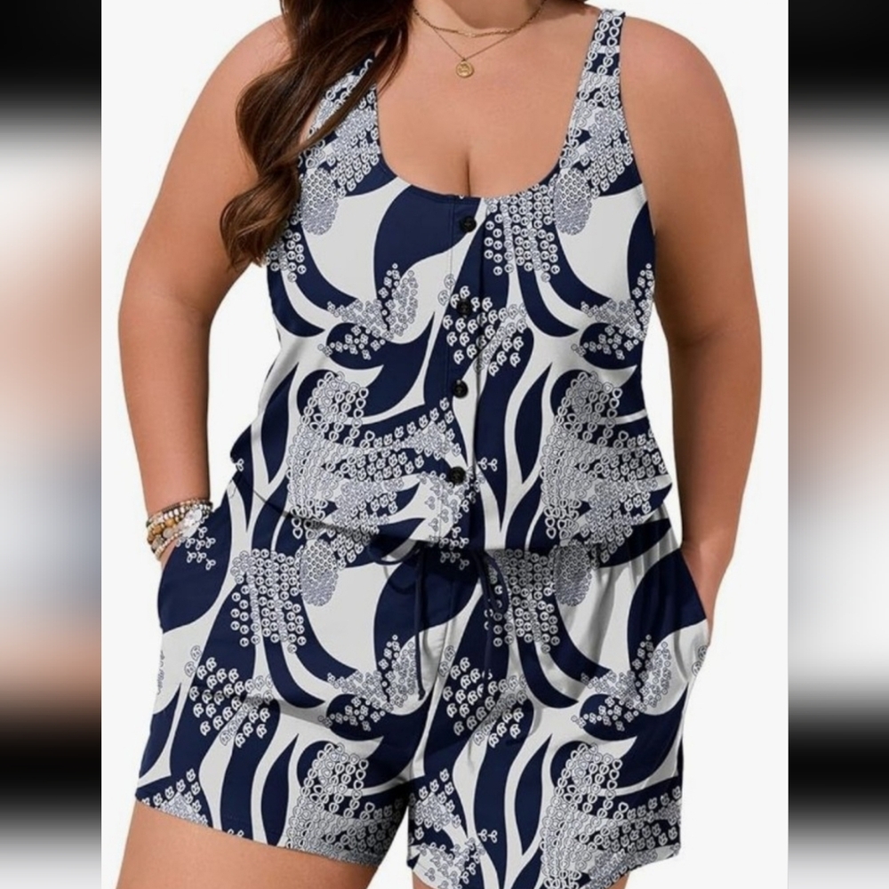 Navy and White Patterned Sleeveless Romper/swimwear Sise 20